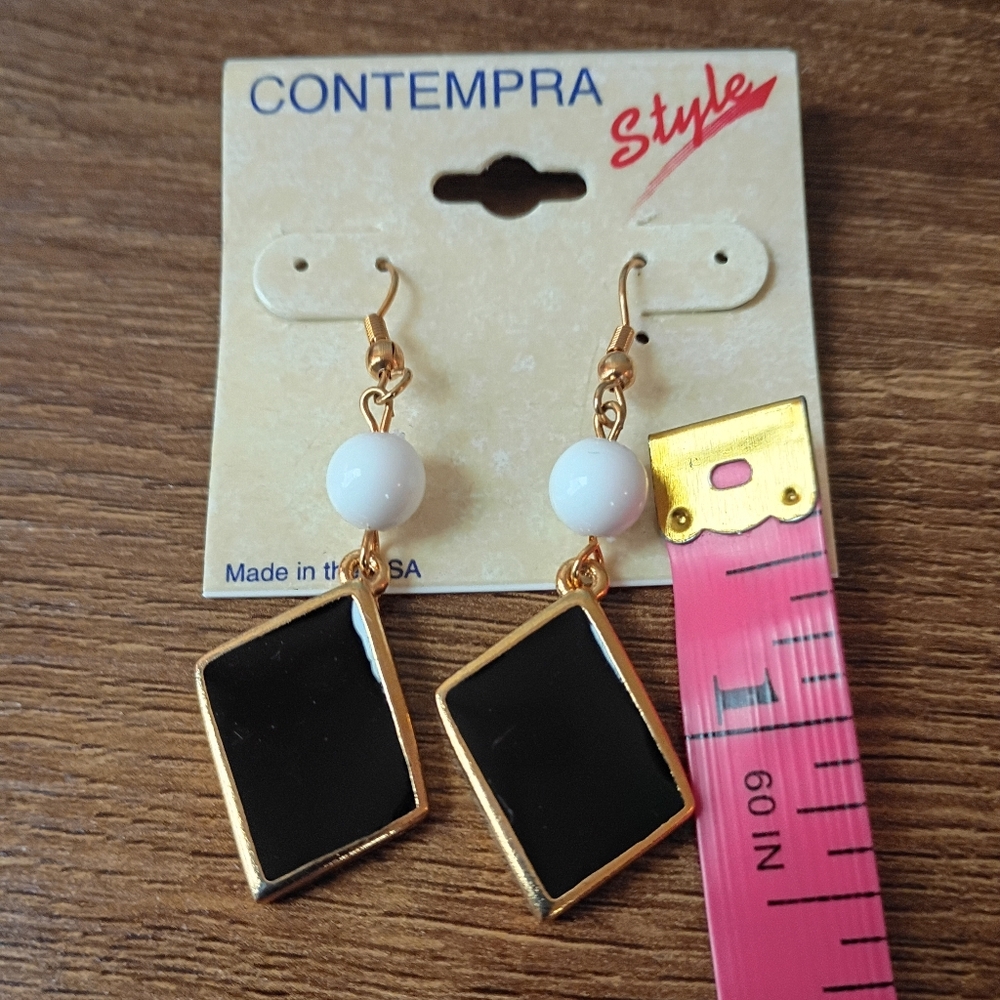 Vintage Contempra Style Black Gold Diamond Shape White Bead Mod Earrings - Picture 5 of 6